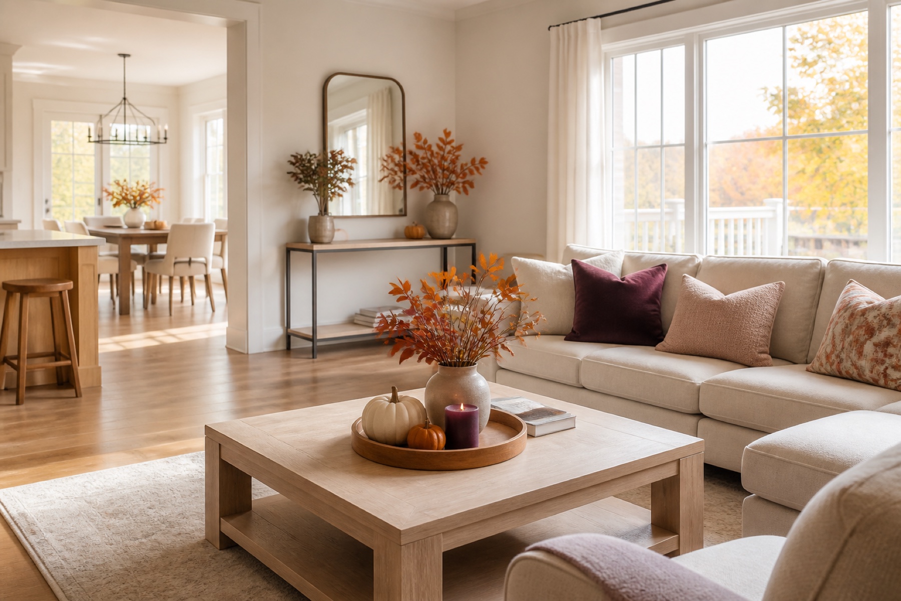 Freshly cleaned living room decorated for autumn